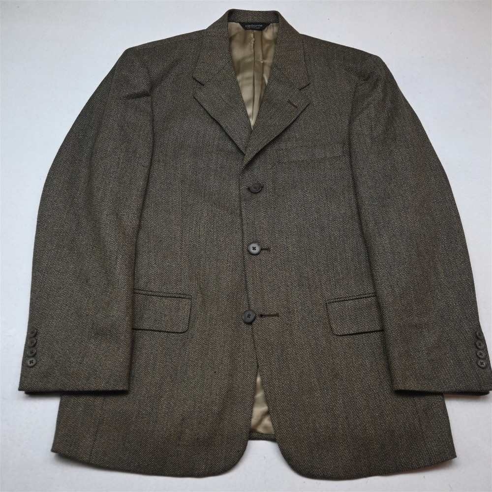 Vtg Y2K 2000s Boxy 38R Gold Brown Herringbone 100% Wool Tweed Blazer Sport Coat